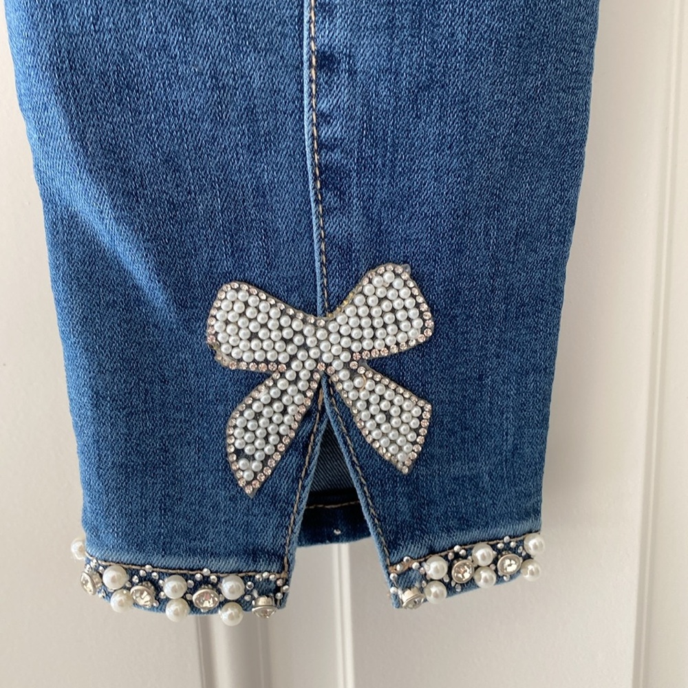 FRANK LYMAN Montreal • Blue Denim Slim 🎀 Crystal Bow & Pearl sparkely Jeans 👖 ⭐️ - Picture 13 of 16